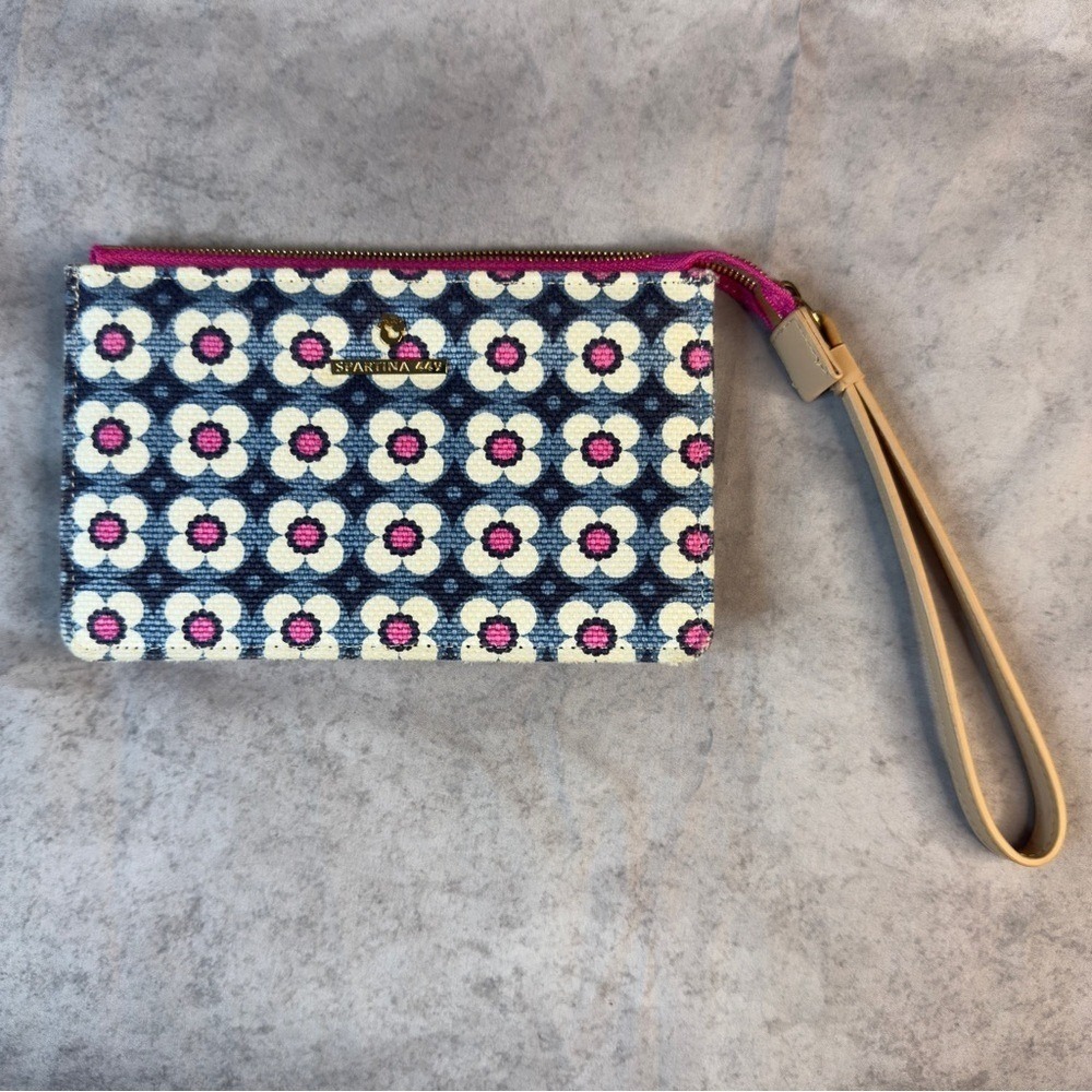 Spartina 449 Floral Wristlet Wallet Blue Pink Cream Linen Leather‎ Small